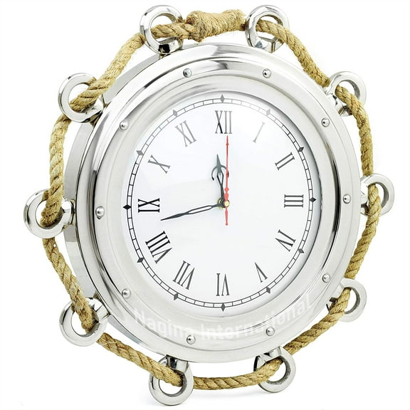 Aluminum Porthole Jalebi Rope Clock (Nickel Polished) - (20 Inches) - White Roman Dial