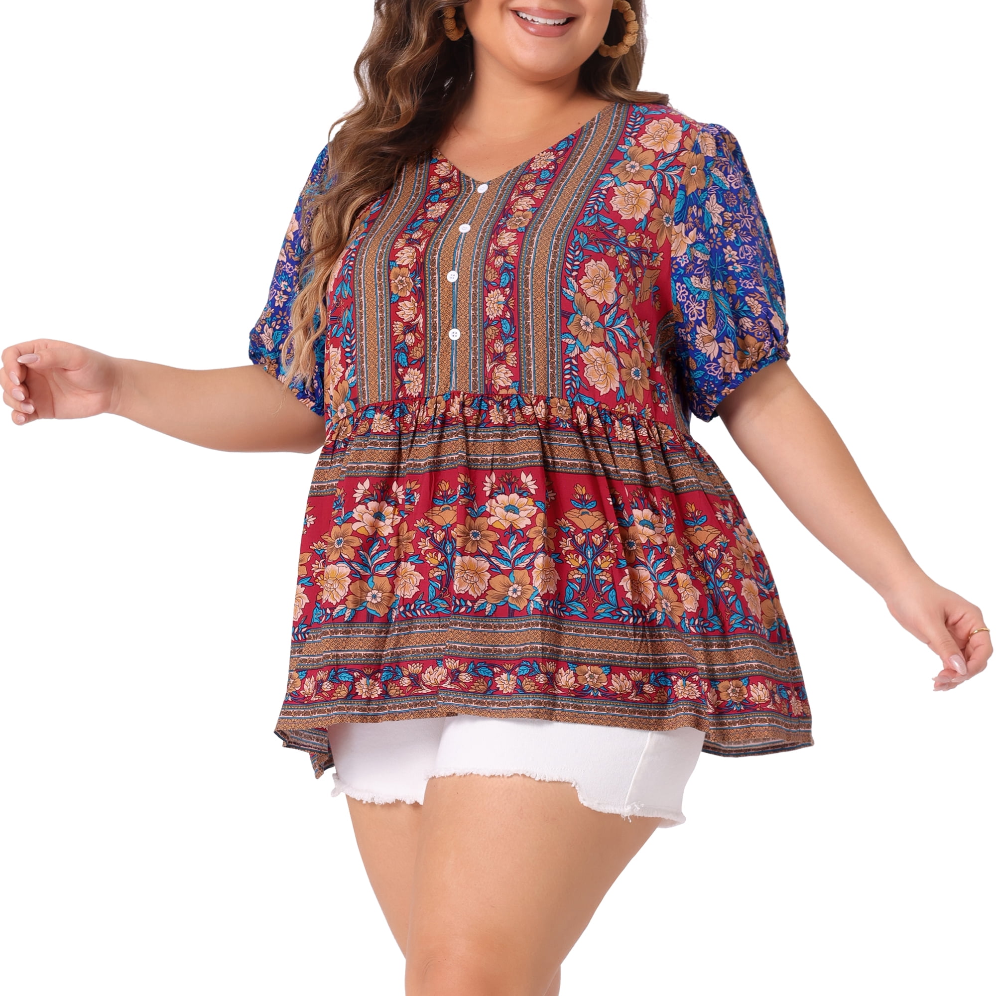 Women's Plus Boho Floral Print V Neck Short Sleeve Summer Blouses 1X Blue