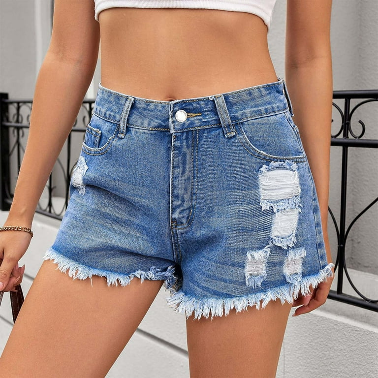 Hvot&aat Women Mid Rise Ripped Jeans Shorts Frayed Raw Hem