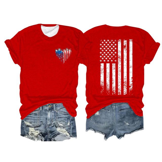 Hauts d'Été pour Femmes, Tenues de 4 Juillet 2024, Mode Féminine, Col Rond, Manches Courtes, Imprimé Drapeau Américain, Rouge