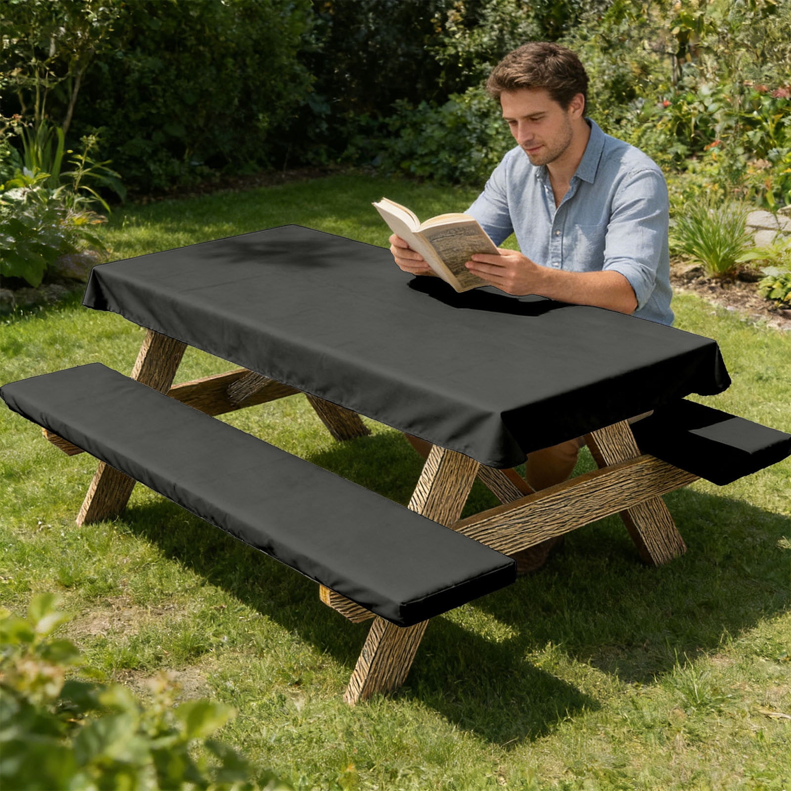 Patio Table Cover Set with Bench Covers Waterproof Outdoor Furniture Protector, UV Resistant Dustproof Windproof Picnic Table Cover, for Patio Backyard Camping Picnic