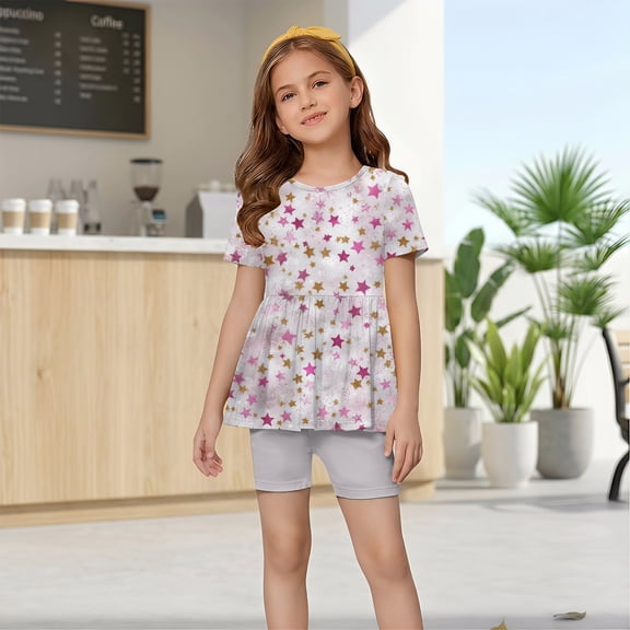 CCRFTGI Girls' Summer Outfits Size 8 2 Piece Outfits Cute Casual Stars Print Short Sleeve Ruffle Hem T Shirts Top and Biker Shorts Athletic Activewear Hot Pink 12-13 Years