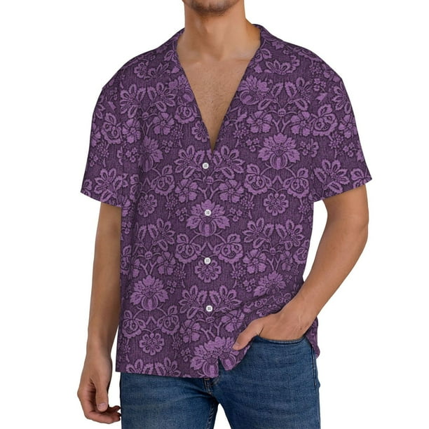 Fotbe Retro Florals Purple Camisa Estampada de Manga Corta para Hombre, Casual de Verano, Estilo Playero, Sin Arrugas-XX-Large