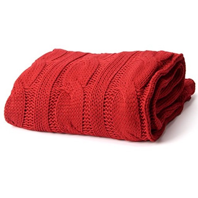 Battilo Soft Knitted Dual Cable Throw Blanket, 50' W x 60' L, Red