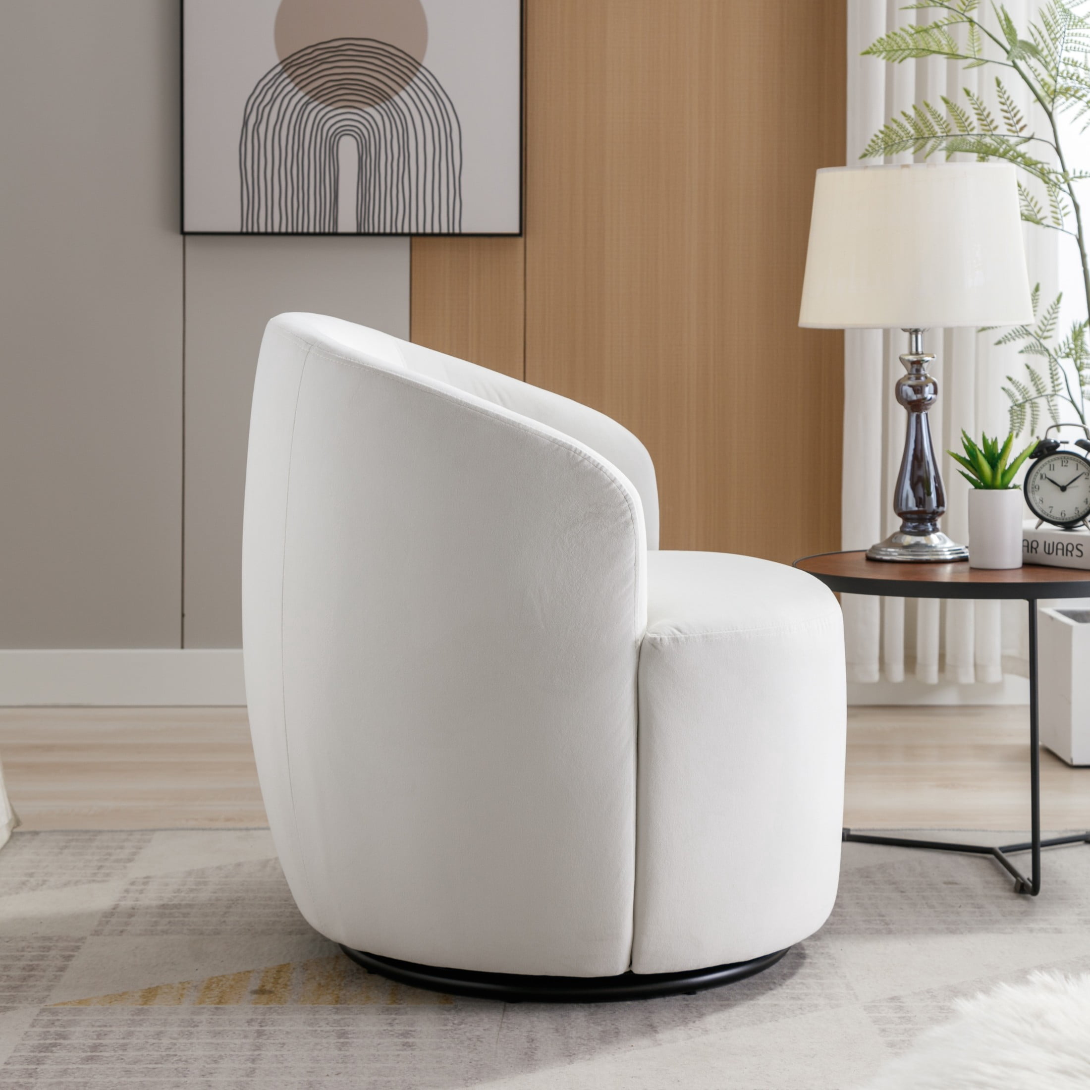 Noble House Arissa 26" Velvet Ergonomic Barrel Armchair, Swivel Reading Chair with Metal Base for Living Room, White