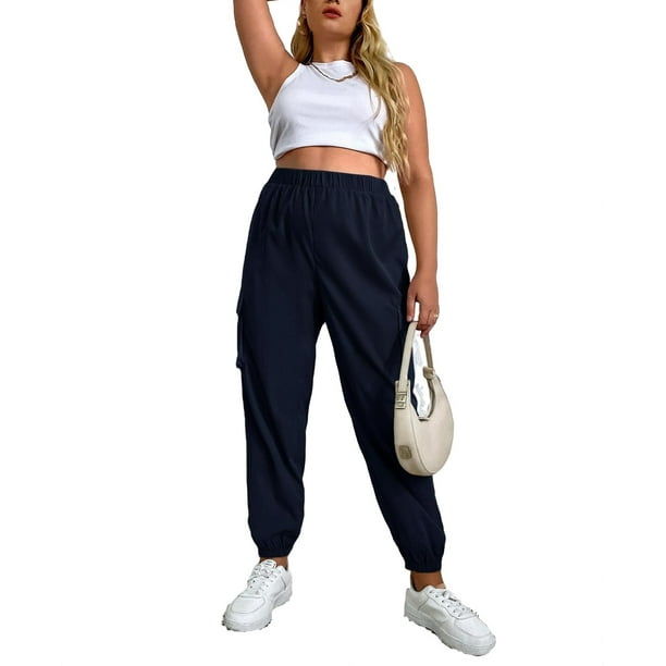Women's Navy Blue Casual Plain Cargo Pants Plus Size Pants