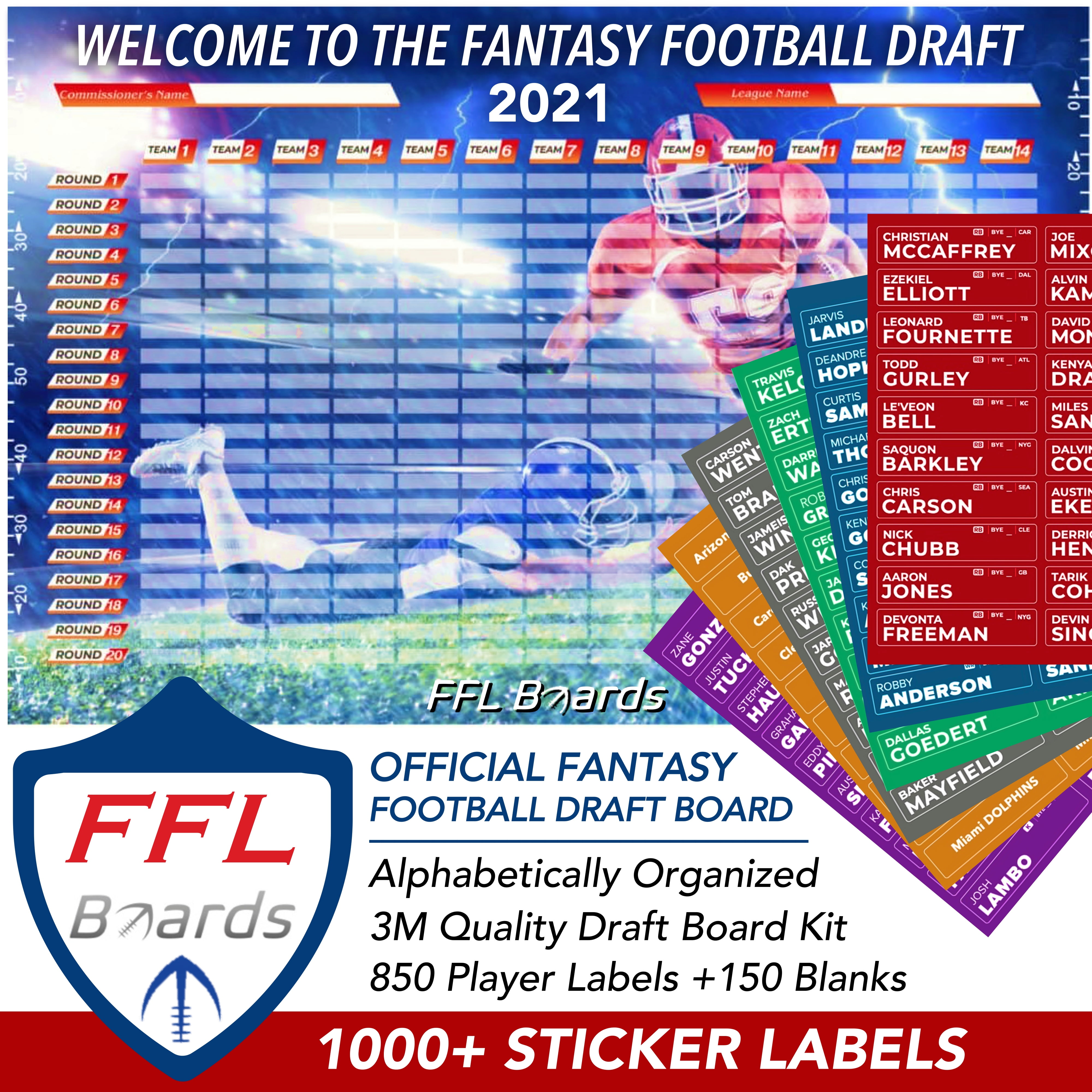 FFL Boards 2021 Fantasy Football Draft Board Kit | 1000+ Stickers | 14  Teams | 20 Rounds | Blue Vinyl