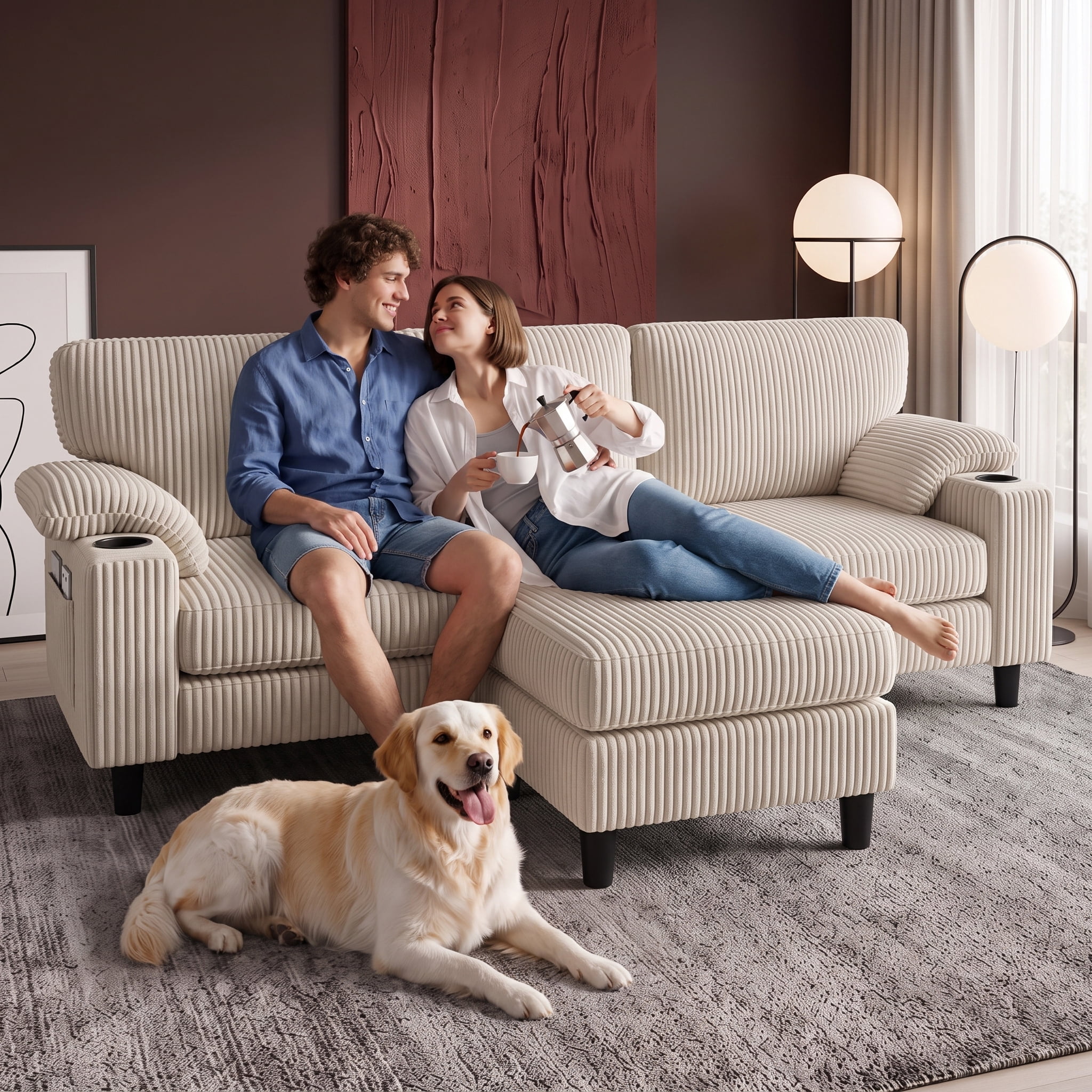 Xiweot 80" L Shaped Sectional Sofa, 3 Seater Convertible Couch with Storage Ottoman, Charging Ports & Cup Holders, Corduroy Comfy Upholstered Sofa for Living Room Apartment, Beige