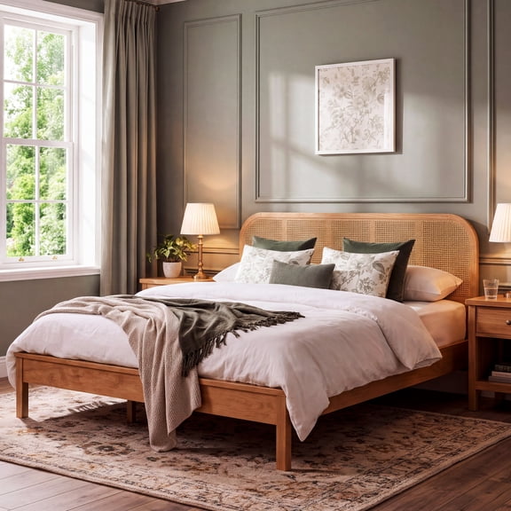 Christopher Knight Home Bohemian King Wood Platform Bed Frame with Rattan Headboard, Natural