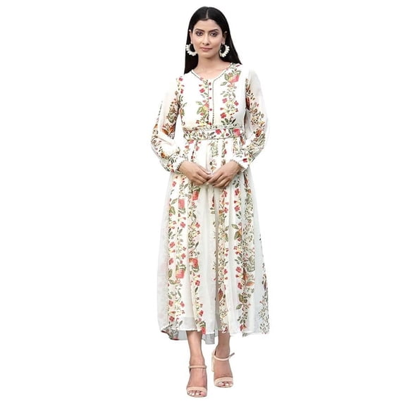 Juniper Off-White Floral Printed Chiffon Flared Maxi Dress