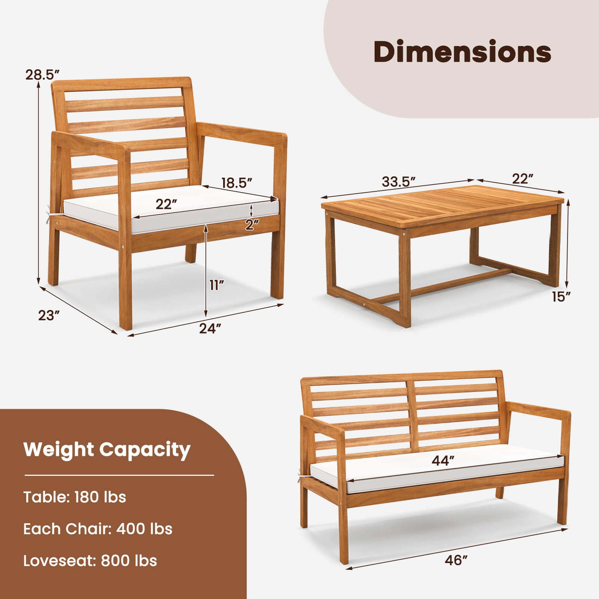 Costway 4 PCS Wood Patio Furniture Set with Soft Seat Cushions Solid Acacia Wood Frame