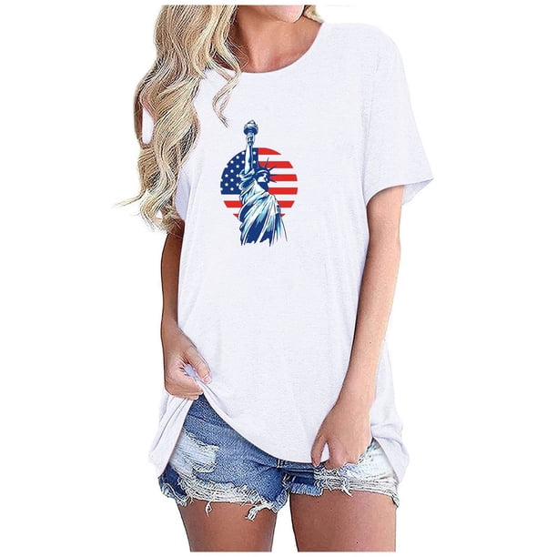 Tops Cortos para Mujeres Bandera de Moda Impresa Cuello Redondo, Camiseta de Manga 3/4 para Uso Diario, Casero Y Cómodo