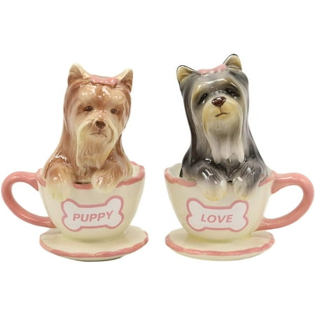 Ebros Ceramic Black And Tan Yorkshire Terriers Yorkie Pet Dogs In Teacups Salt And Pepper Shakers Set Puppy Love Figurines Party Kitchen Tabletop Collectible Decorative