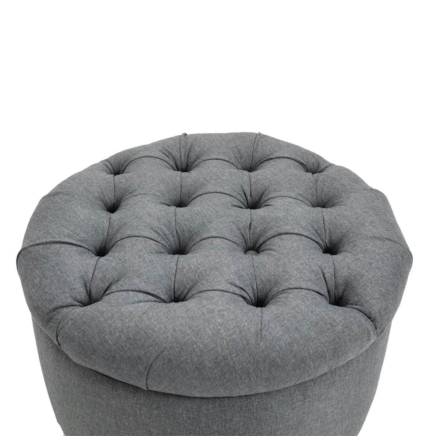 Demi Bonn 24" Round Ottoman Storage Footstool with Linen-touch Fabric, Removable Lid, Button Tufted Footrest for Living Room and Bedroom, Gray