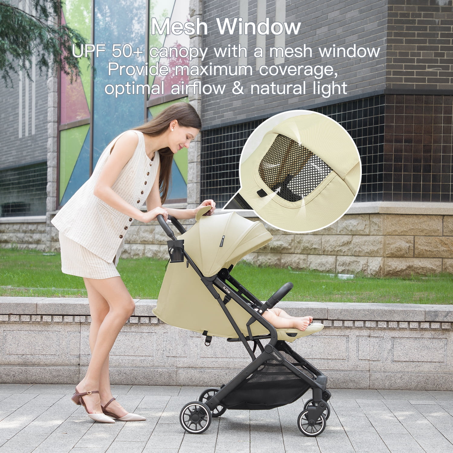 Gromast Compact Fold Baby Stroller, Lightweight Travel Toddler Stroller with One-Click Fold, Extendable UPF50+ Canopy, Cup Holder, UV Protected and Waterproof, One-Hand Folding - Beige