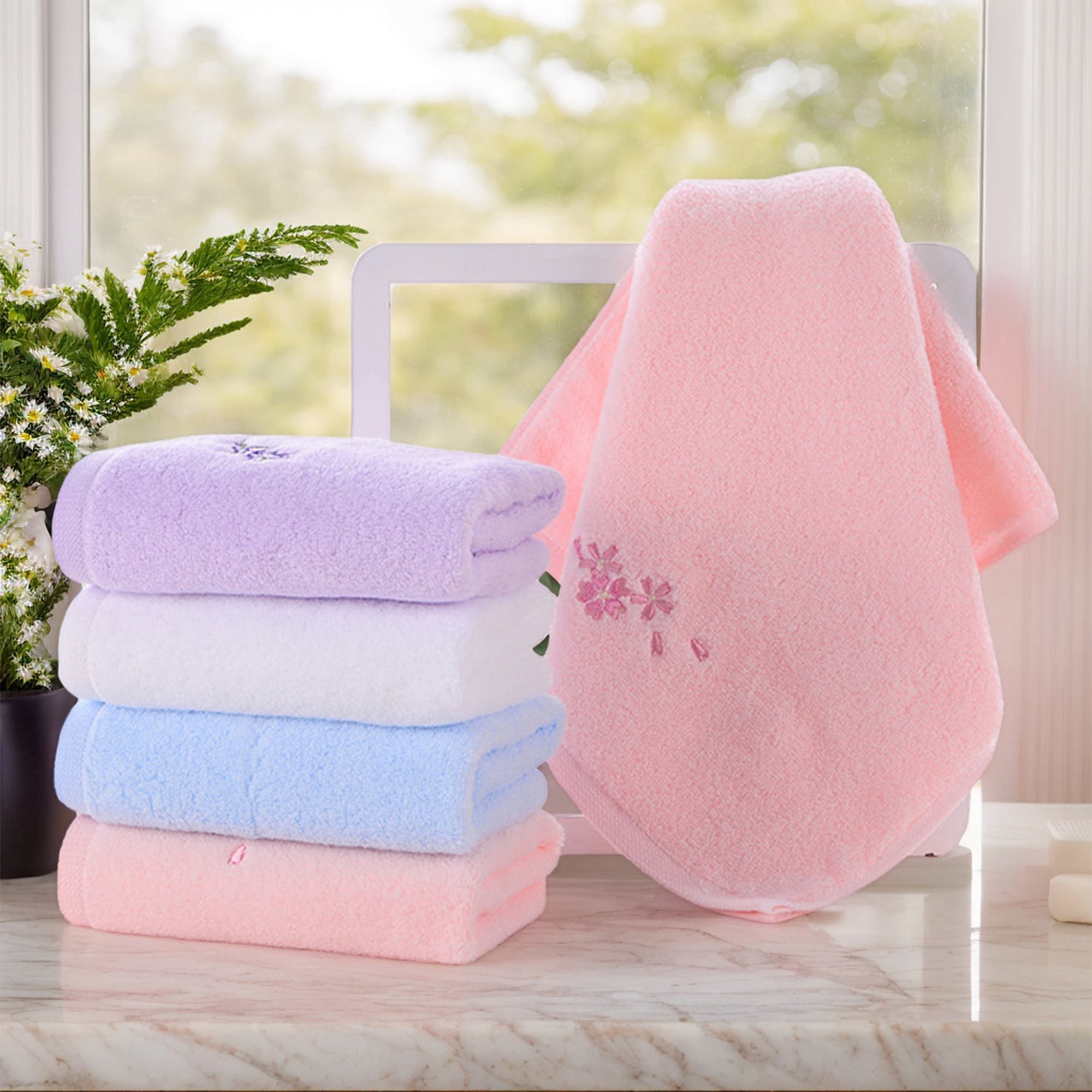 Unique Bargains 4 Pcs Bathroom Cotton Soft Hand Towels 13" x 29" Purple/Brown