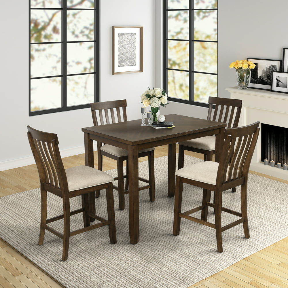 Bar Table Set for 4, BTMWAY 5Piece Wood Counter Height Dining Table with 2 Bar Stools, High Top
