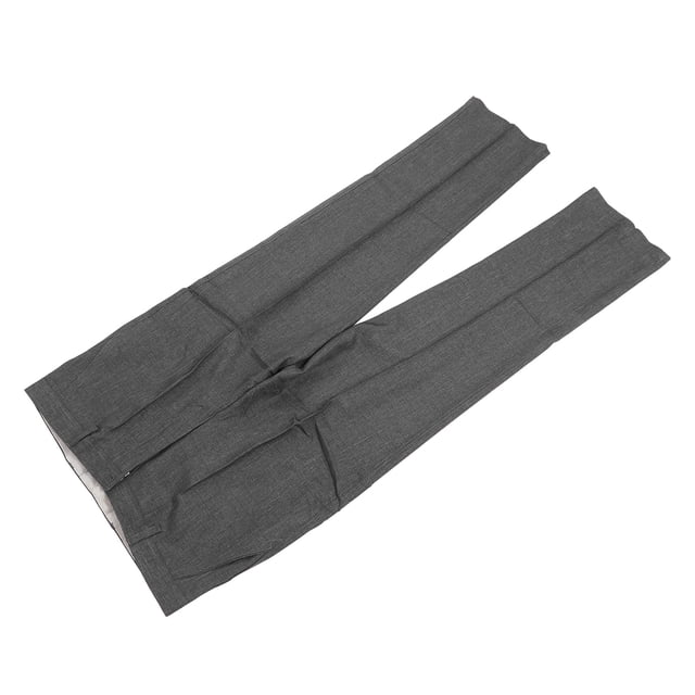 pantalones de vestir elásticos anggrek para hombre con cintura elástica gris, vista cenital frontal de un par extendido sobre fondo blanco; pierna recta con pliegues centrales, costuras laterales y pretina elástica visible en tejido de fibra de poliéster. Medida de referencia talla 34: largo 105 cm, cintura 90 cm. Apto para uso de oficina y frecuentemente usado como pantalón casual para viaje.