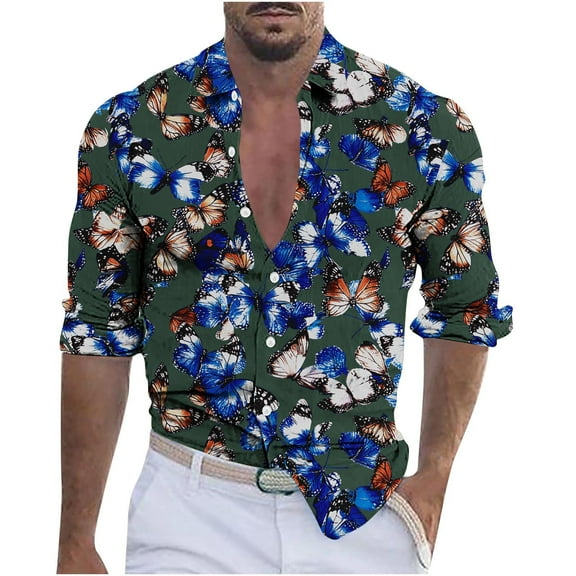 COSFO Casual Button Up Shirt Men Long Sleeve Butterfly Tops Loose Vacation Collared Mens Shirts