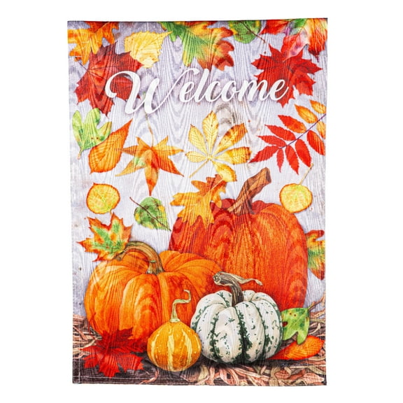 Evergreen Leaves and Pumpkins Moire Garden Flag 12 x 18 Inches Indoor Outdoor Decor