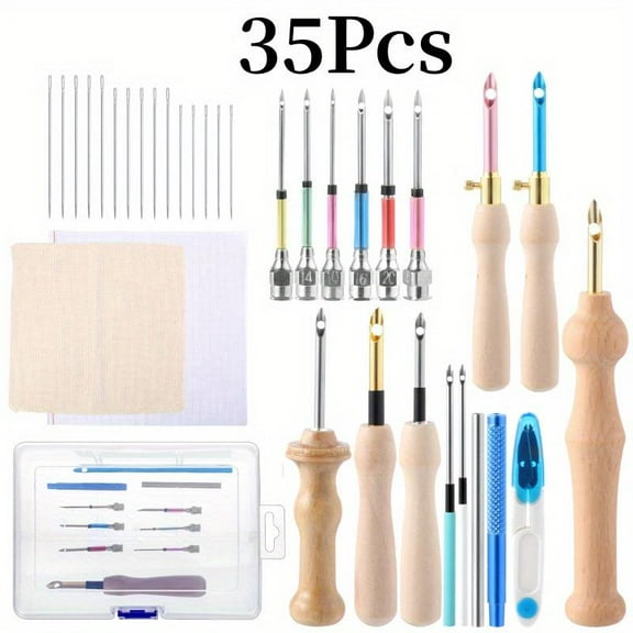 A Set Of 35 Pcs Punch Needle Kit,adjustable Punch Needle Embroidery Kits Include Wooden Handle Embroidery Pen Set,big Eye Needles,punch Needle Cloth