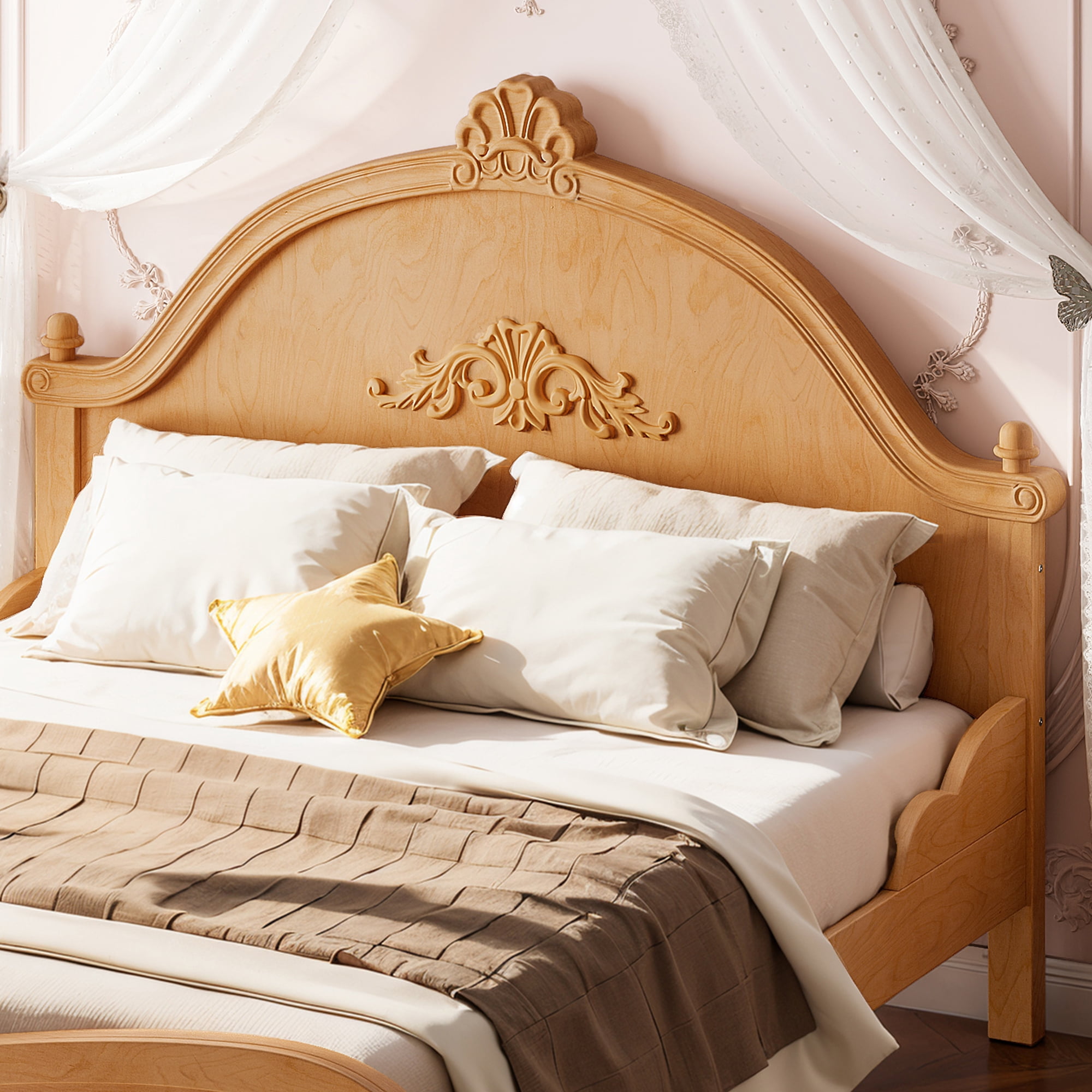 GARITIN Full Vintage Carved Platform Bed with Headboard, Solid Wood Bed Frame with Slatted Support, Low Profile Platform Bed, No Box Spring Needed, Natural