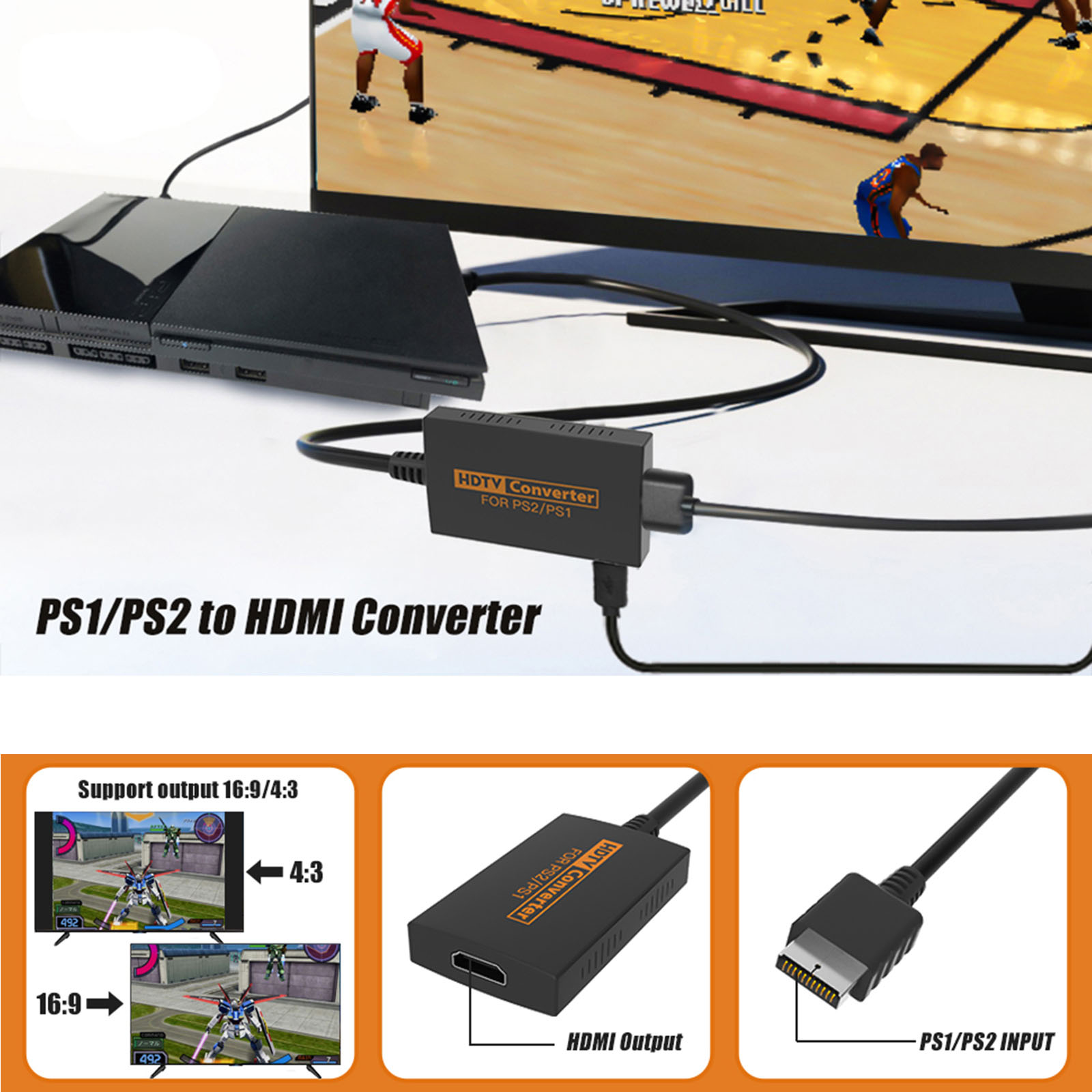 AV Converter HDMI-Compatible Cable for PS2 & PS1 Console to 1080P HDMI-Compatible Adapter with USB Cable Plug & for Play