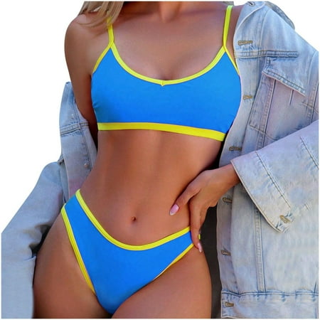 UTSJKR Deals Bandeau Bikini Sets for Women Adjustable Splicing Color High Cut Thong Swimsuit Bottom Sports 2 Piece Sweawear Light Blue M