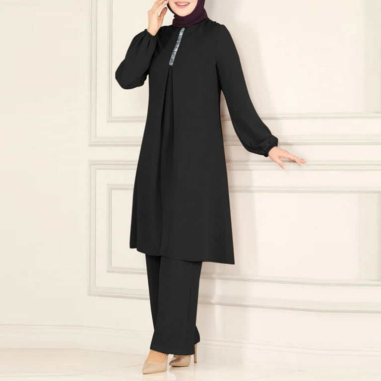 Women s Muslim 2 Pieces Winter Outfit Sets for Women Sets Long Sleeve Button Business Casual Clothes for Women Down Shirt and Pants Womens Trendy Clothes Abaya Casual Dress Dubai Outfits Walmart
