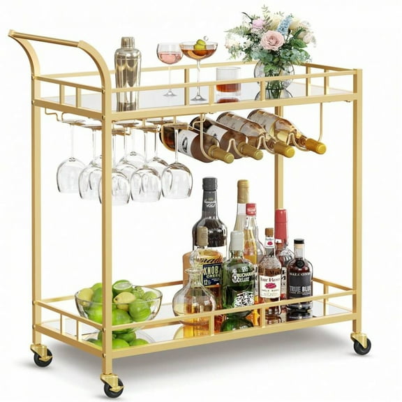Bar Cart - Home Bar Serving Cart with 2 Mirrored Shelves, Wine Holders & Glass Holders, Ideal for Kitchen & Dining Room