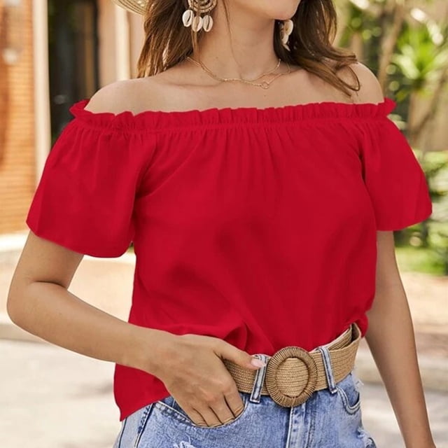 Blusa Informal de Verano para Mujer Blusas con Hombros Descubiertos Blusa de Manga Corta con Volantes Camisas de Verano ANGGREK Otros