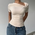 thumbnail image 2 of LWavelet Womens Plus Size One Shoulder Short Sleeve Top Twist Fitted Summer Daily Casual Comfortable Blouse Beige M, 2 of 4