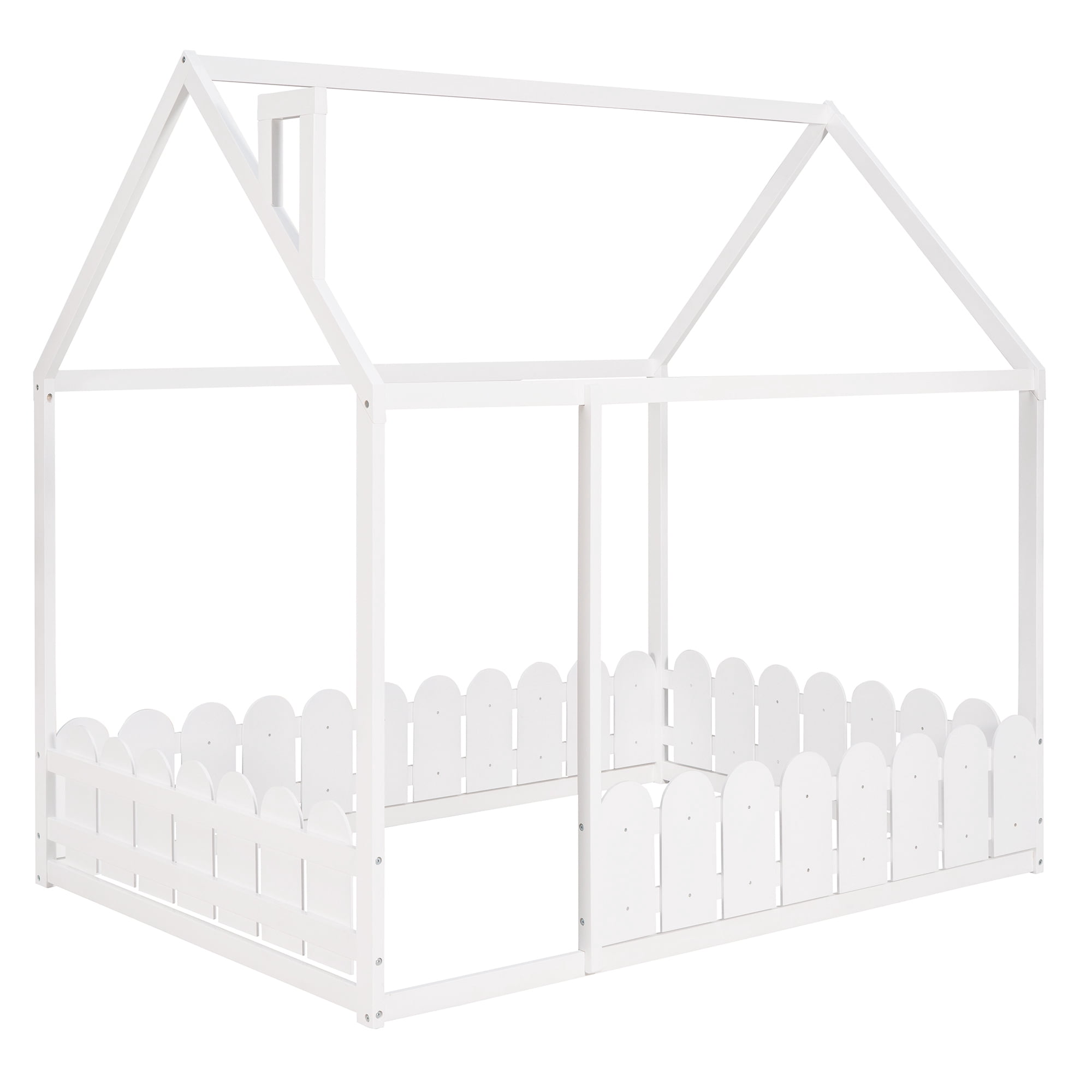 Leumius Full Size Wood House Bed with Fence & Roof,Montessori Bed Floor Bed with Safety Guardrails for Boys & Girls,White