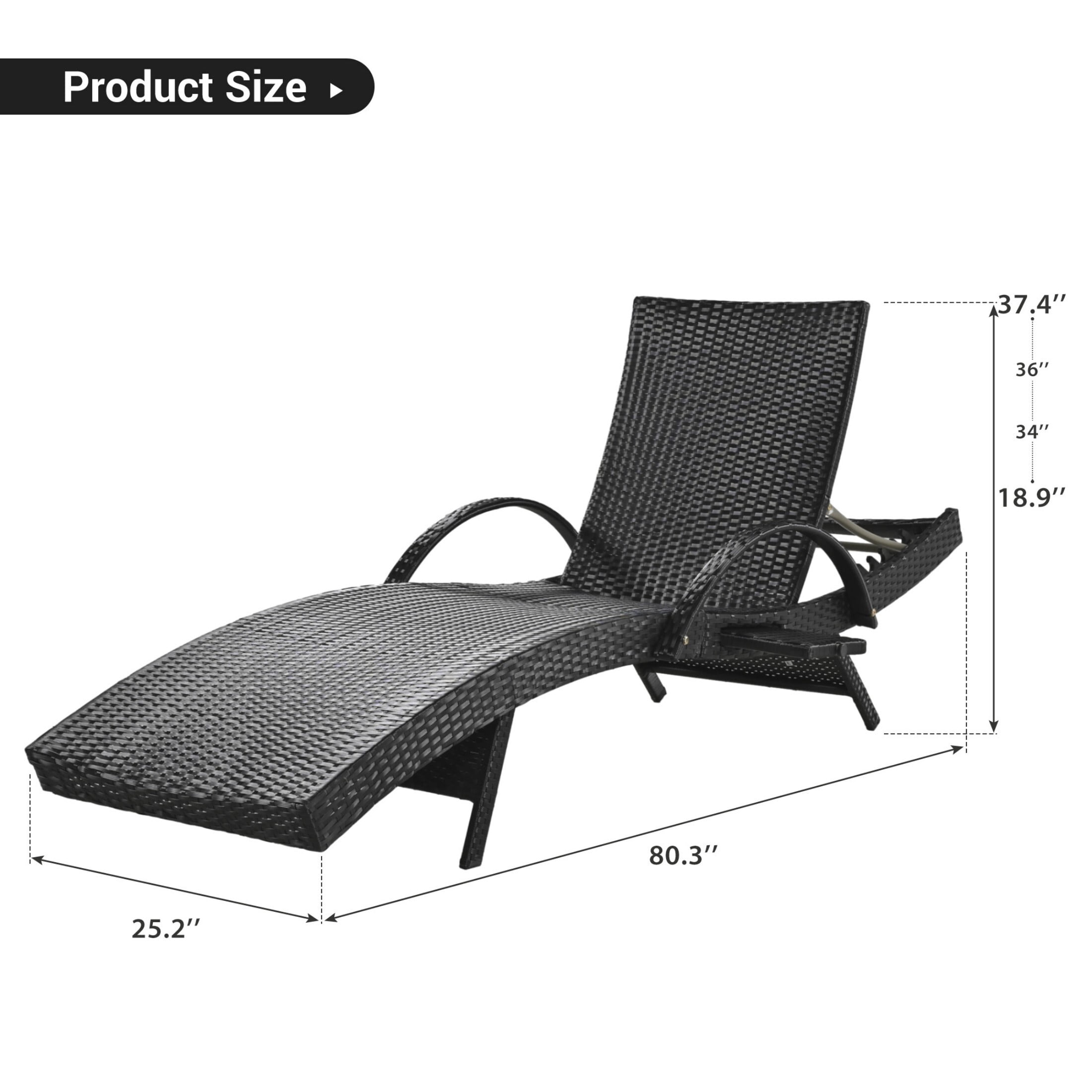 AENKYO 80-in Patio Chaise Lounge Chairs Set of 2, Outdoor Wicker Recliners with Adjustable Backrest and Pull-Out Side Table, Black