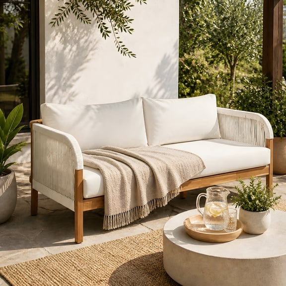 FFZ 68"L Outdoor Acacia Wood Daybed with Rope and Cushions, Beige