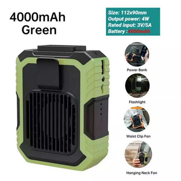 AFANQI Portable Waist Fan 4000mAh Rechargeable, 3-Speed ​​Strong Air Volume Waist Clip Fan for Outdoor, Construction Site, Farm, Travel, Cycling (Green)