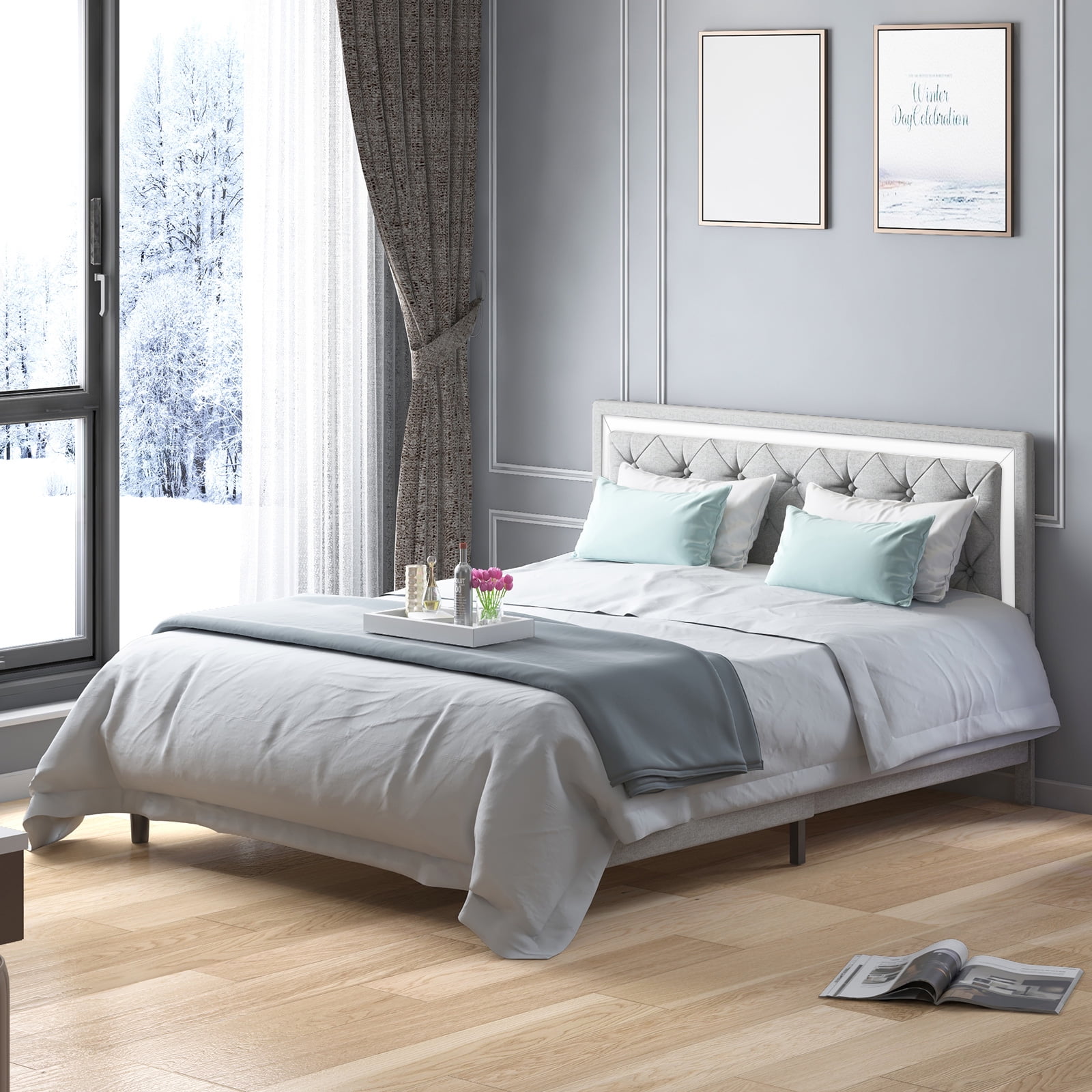 MUZZ Full Size Bed Frames with Headboard, Upholstered Bed Frame with