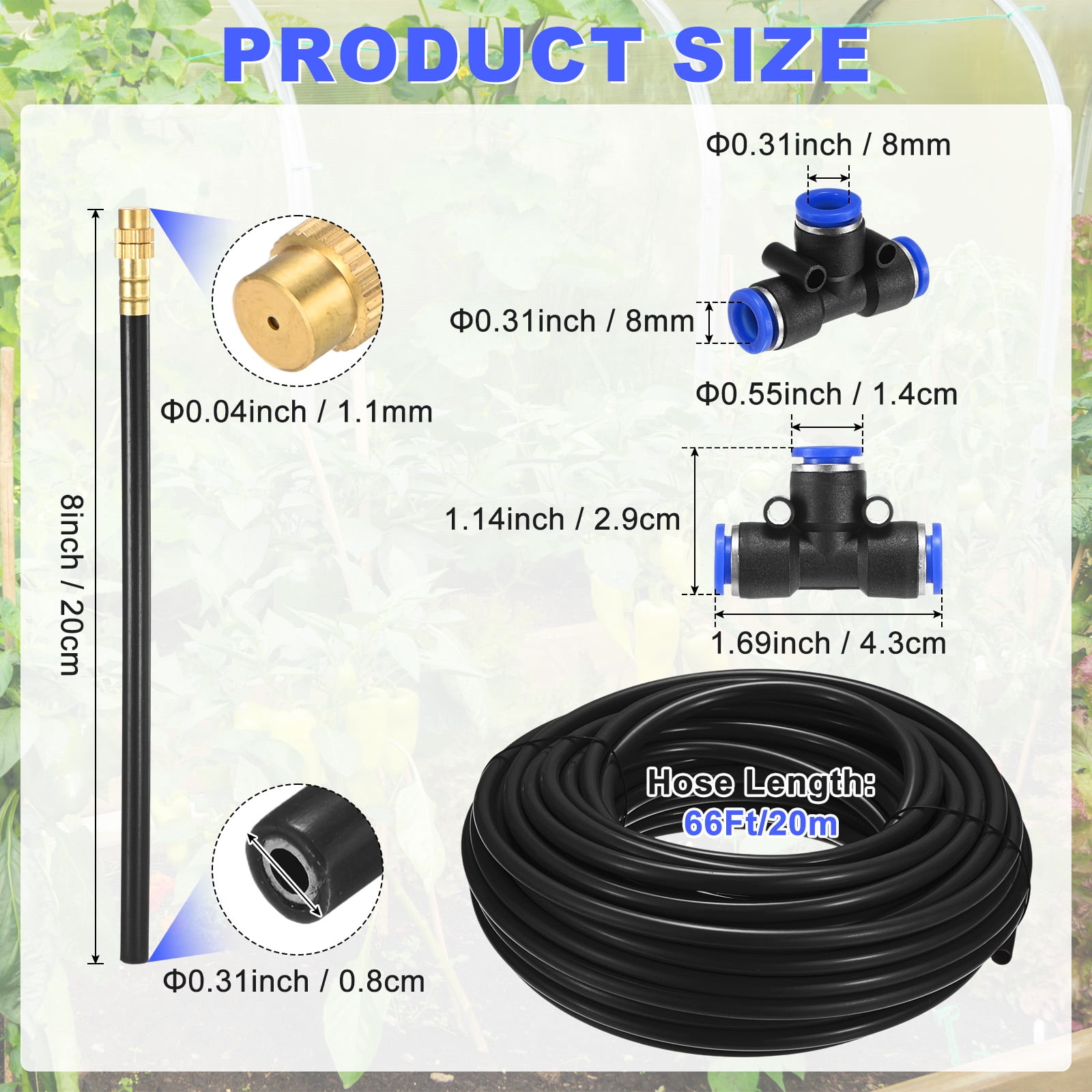 Uxcell 1-Set Drip Irrigation System, 66Ft 5/16" Hoses Garden Watering Misting System with 22pcs 360° Adjustable Copper Nozzles