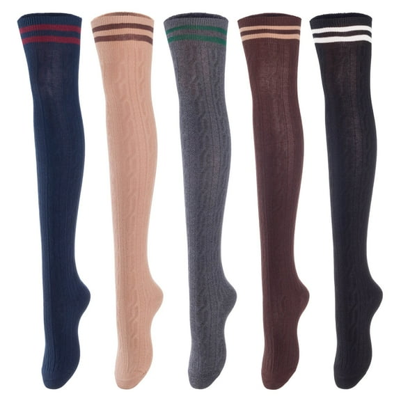 Lovely Annie Big Girl's Women's 5 Pairs Over Knee High Thigh High Cotton Boot Socks Size 6-9Black, Coffee, Dark Grey, Khaki, Navy 5c2