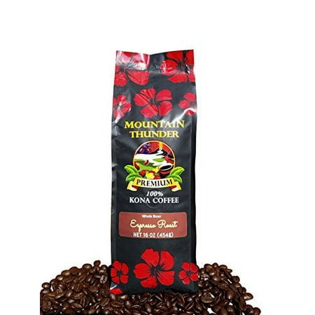 100% Kona Coffee Espresso Roast - 1 Pound Premium Gourmet Whole Bean by Mountain Thunder Coffee Plantation