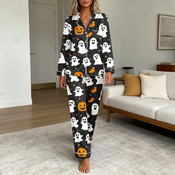 Xdegoge Womens Halloween Pajamas Set Printed Long Sleeve Button Down Sleepwear with Long Pants Two Piece Loungewear Pjs Festive Nightwear Suit