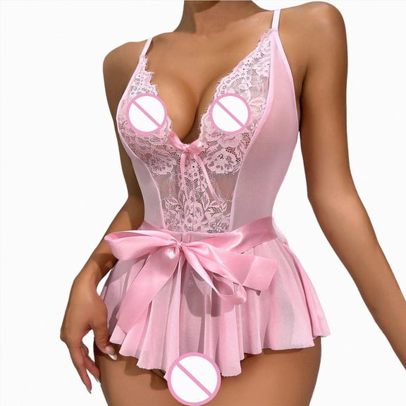 HCNTES Plus Size Lingerie for Women Lace Bodysuit One Piece Teddy Babydoll Mesh Chemise V Neck Sleepwear (Red,L)