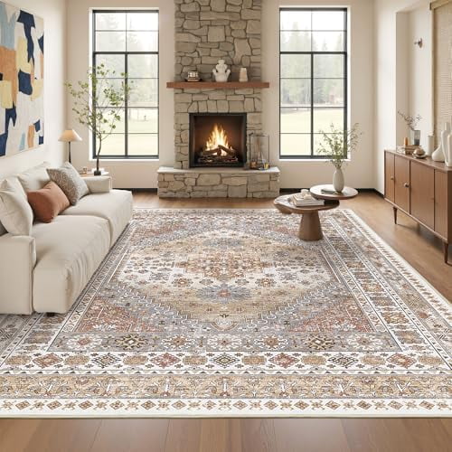 Washable Rugs 8x10 Area Rugs for Living Room, Non-Slip Backing Large Rug for Nursery Room, Vintage Floral Bedroom Rugs, Thin Indoor Home Decor Soft Farmhouse Rug (Orange,8'x10')
