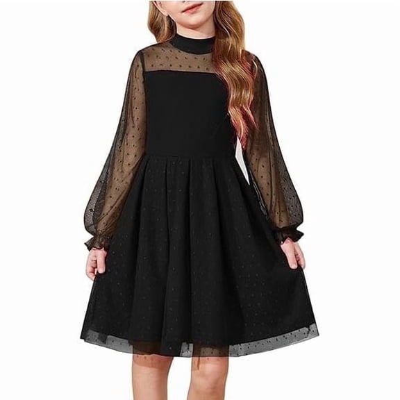 Arshiner Girls Dresses Contrast Mesh Puff Long Sleeve Mock Neck Formal Party A Line Short Tulle Dres