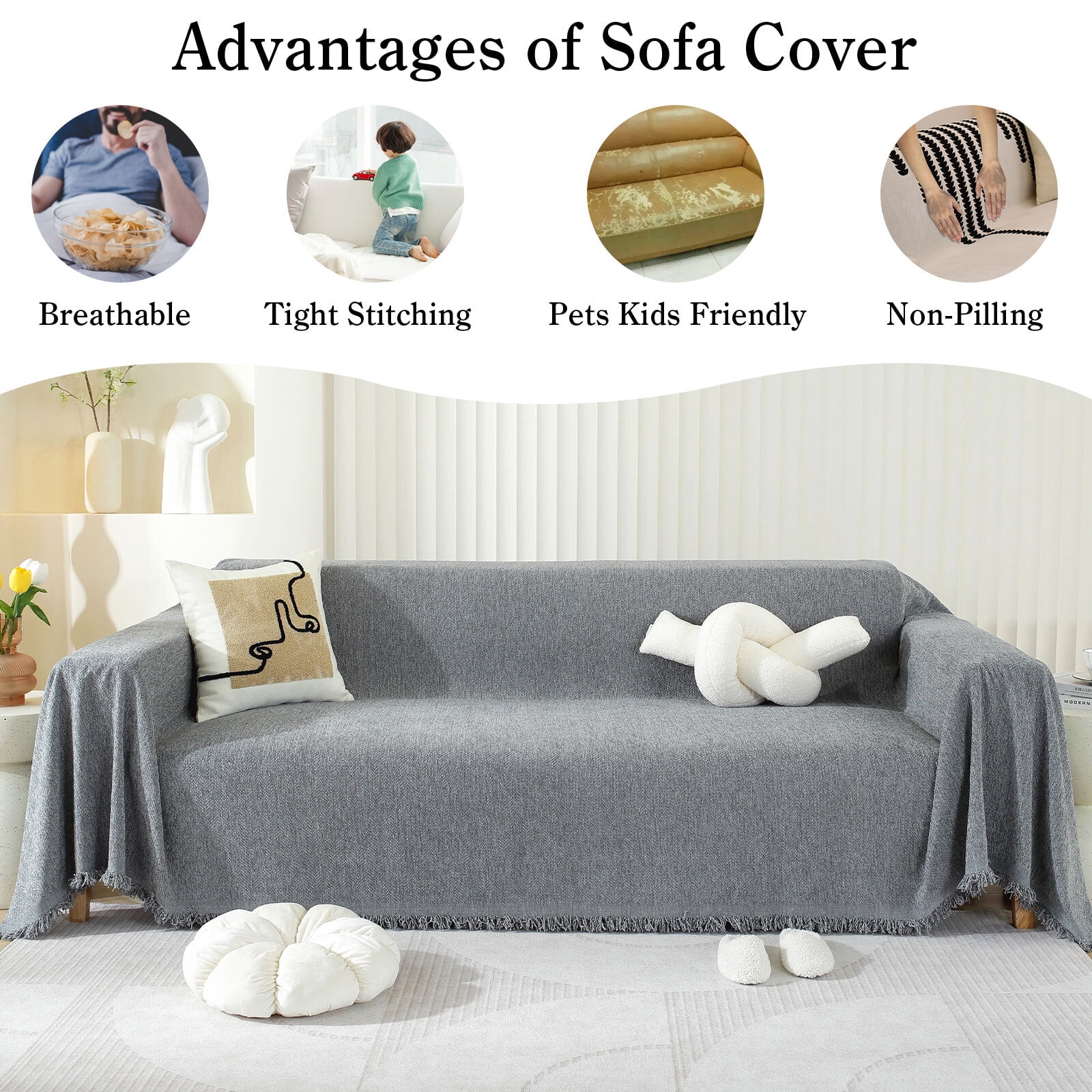 Chenille Couch Cover Pet Friendly Sofa Cover Washable Reversible Sofa Slipcover for Sectional Sofa, Loveseat, 2 or 3 Cushion Couch, Corner Sofa, Futon Cover