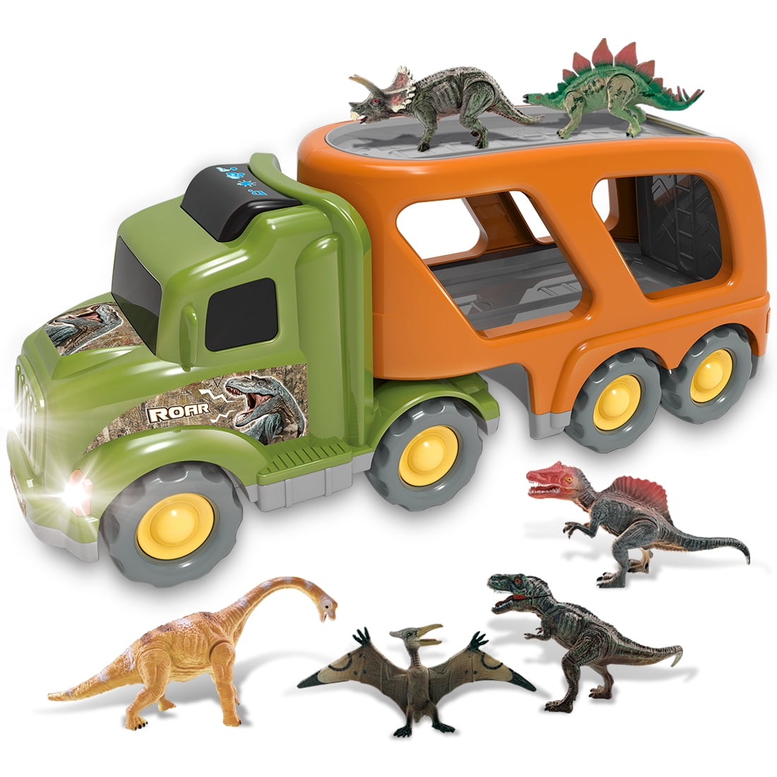 Private Jungle Dinosaur Truck Toy for 3 4 5 6 Years Old Boys and Girls,Car Transport Truck with Sound and Light,6 Dinosaur Toys