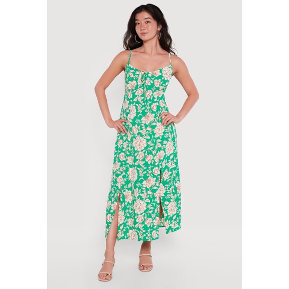 Women's Floral Front Slit Keyhole Detail Midi Dress