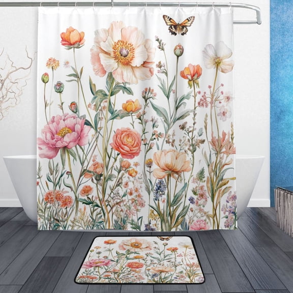 Bath Curtain & Non-Slip Bath Mat Set 12-Grommet Shower Curtain Memory Foam Bath Rug Peonies and Wildflowers
