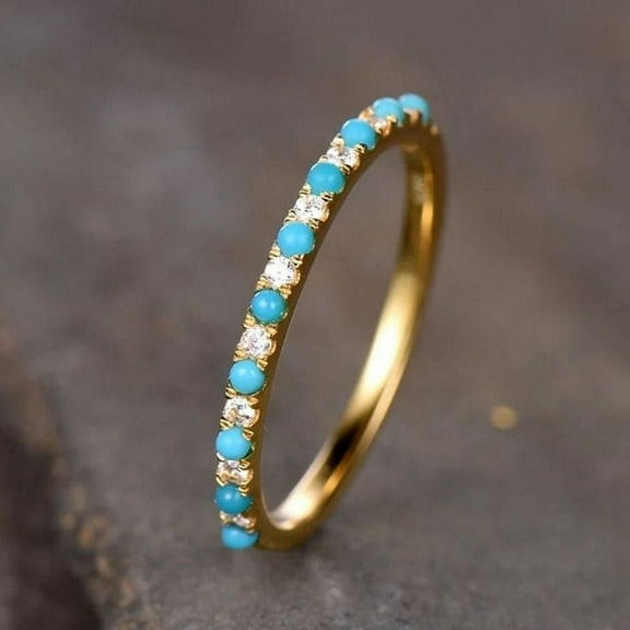 Turquoise & Diamond Full Micro Pavé 14K Solid Gold Eternity Band Ring Real Turquoise Diamonds Stackable Dainty Stacking Band Stack Ring