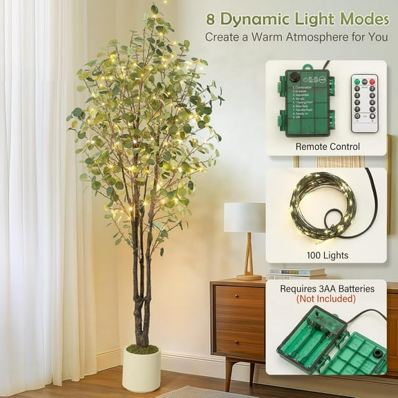 Acekid Artificial Eucalyptus Tree, 7ft Tall Fake Artificial Plant with White Planter，Large Faux Floor Plant Fake Silk Trees with 100 Lights Artificial Trees for Home Decor